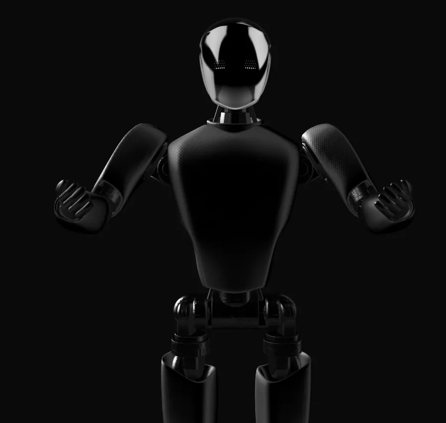 A glossy black humanoid robot in an open, welcoming pose